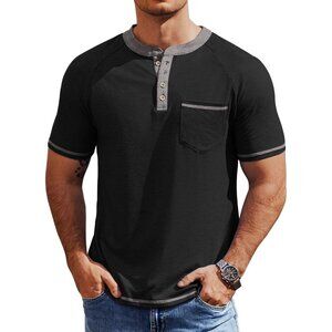 Mens White Henley Shirt Short Sleeve Casual Button T Shirt With Pocket